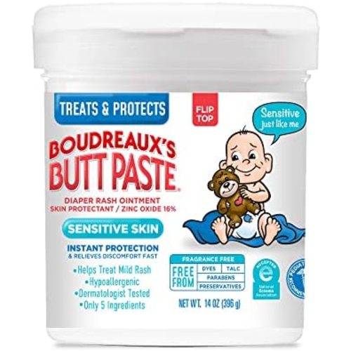 Boudreaux's Butt Paste for Sensitive Skin Diaper Rash Cream, Ointment for Baby, 14 oz Flip top Jar