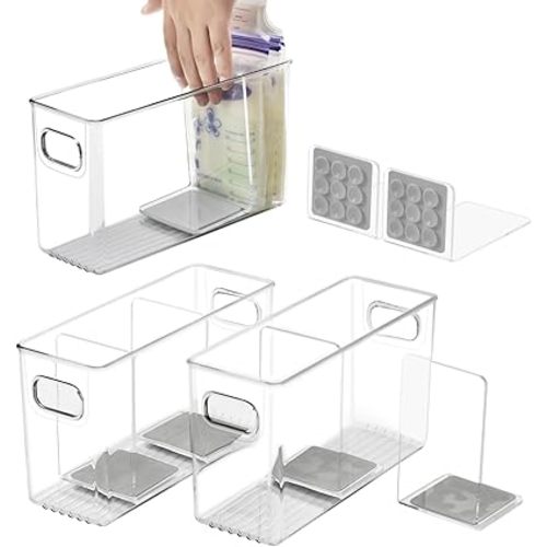 Breastmilk Storage Container with L Shaped Dividers to Flatten Standing Breast Milk Bags in Organizer Bins Save Refrigerator Space | 2 Containers with 4 Removable Separator Boards - Gray