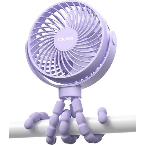 Stroller Fan Clip on for Baby, 4000mAh Rechargeable Battery Operated, Flexible Tripod, 3 Wind Speed, 360° Rotatable, Small Portable Fan for Car Seat Crib Backseat Beach Travel Camping, Purple