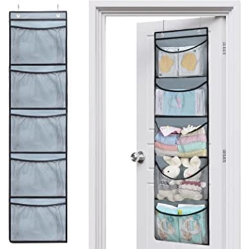 Fixwal 2 Pack Over The Door Organizer with 5 Large Pockets Foldable Hanging Closet Storage Baby Essentials Sundries Stuffed Animal Storage with 2 Metal Hooks