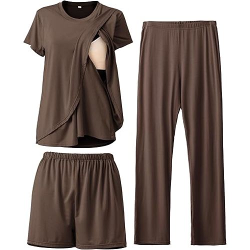 Rnxrbb 3 Piece Postpartum Nursing Pajamas Set Casual Soft Maternity Breastfeeding Pjs Sleepwear Loungewear Clothes Layer