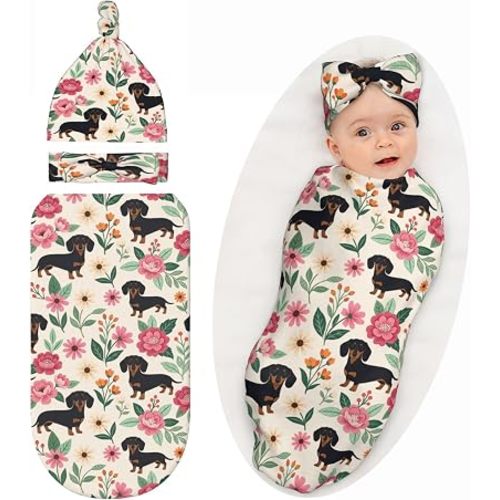 Dachshund Baby Swaddle Blanket with Headband and Beanie Set, Receiving Blanket, Newborn Infant Dachshund Dog Baby Clothes Outfits Stuff