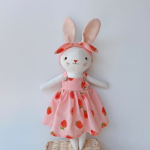 Bunny Dolll With Pink Strawberry Dress, Heirloom Handmade Doll, Textile Doll, Doll Princess Dress, 33 cm (13 inches)