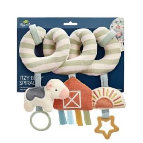 Itzy Ritzy Spiral Car Seat & Stroller Activity Toy - Stroller & Car Seat Toys for Ages 0 Months and Up - Hanging Toys Include Dangling Ring, Mirror and Textured Ribbons (Farm)