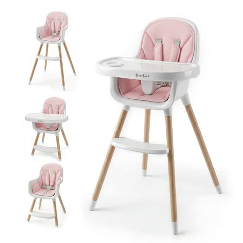 Baby High Chair, Wooden Highchair with Removable Tray, Adjustable Legs, Cushion, 5-Point Harness and Footrest for Infants, Baby, Toddlers, Pink