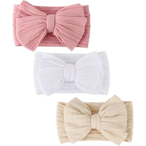 DRESHOW BQUBO Handmade Baby Headbands Soft & Stretchy Hair Bands with Bows Nylon Bows Hairbands for Girls Newborn Infant Toddlers Hair Accessories 3 pack