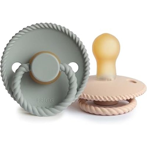 FRIGG Rope Natural Rubber Baby Pacifier | Made in Denmark | BPA-Free (Sage/Croissant, 0-6 Months)