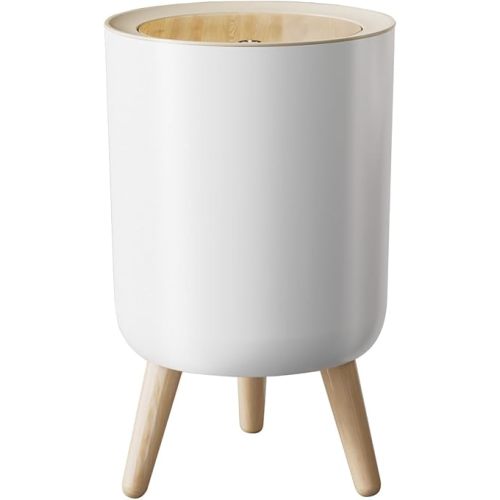 Kitchen Waste Bins 1.8 Gal, White Bathroom Trash Can with Lid, Waste Basket for Bedroom with Wooden Legs, Bathroom Small Garbage Can with a Press Top, Bedroom Trash Can,Trash can with Lid