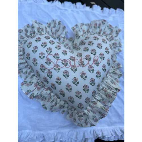 Pink Floral Blockprint Ruffle Heart Cushion