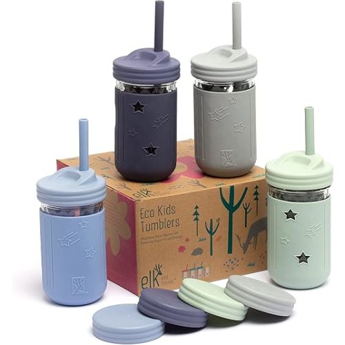 Elk and Friends Kids & Toddler Cups | The Original Glass Mason jars 12 oz with Silicone Sleeves & Silicone Straws | Smoothie Cups | Spill Proof Cups