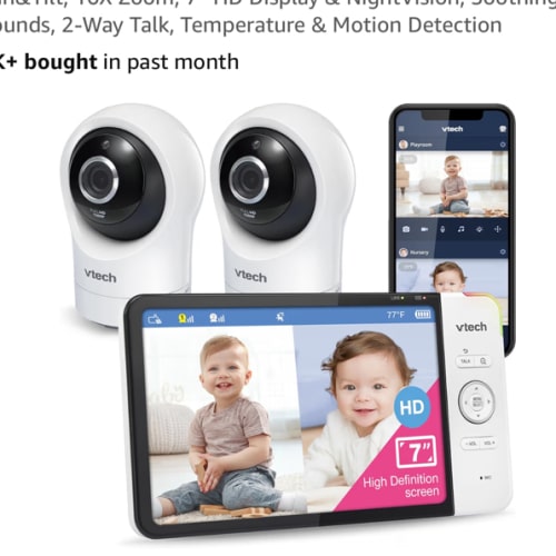 Amazon.com: VTech RM7764-2HD Smart WiFi 2 Camera BabyMonitor, 360° Pan&Tilt, 10X Zoom, 7” HD Display & NightVision, Soothing Sounds, 2-Way Talk, Temperature & Motion Detection : Baby
