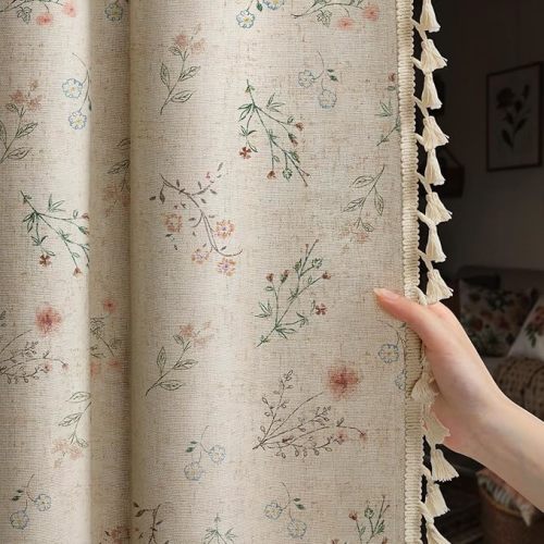 Boho Floral Spring 100% Blackout Curtains 84 Inch Length 2 Panels Set, Linen Texture Farmhouse Curtains Beige Tassel for Living Room Bedroom Vintage Rustic Patterned Printed Western Rod Pocket