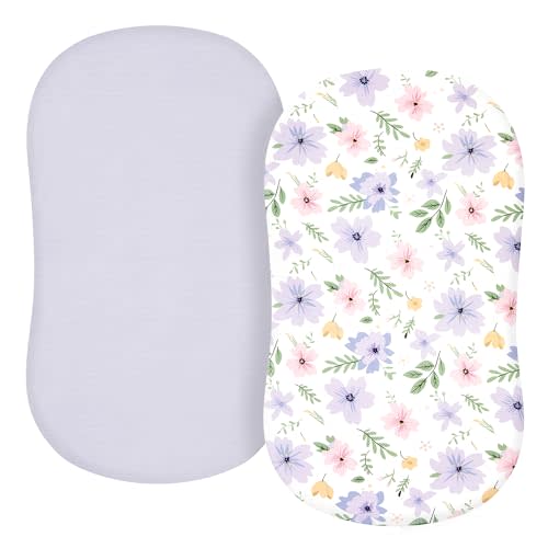 TILLYOU Baby Bassinet Sheets for Girls Boys, Fit for Hourglass Oval Rectangle Bassinet Mattress Sheets, 33”X16”, 2 Pack Brilliant Little Flowers and Purple