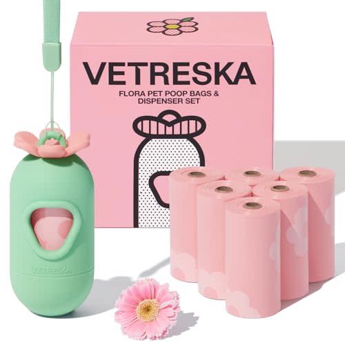VETRESKA Dog Poop Bags with Dispenser, Lavender Scented, Guaranteed Leak Proof and Extra Thick Pet Waste Bags for Walking Dog and Cats Litter, 1 Bag Holder and 105 Bags (7 Refill Rolls)