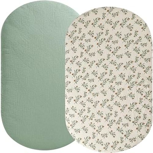 Muslin Bassinet Sheet Compatible with UPPAbaby Bassinet, 2 Pack Cotton Stylish Boho Fitted Bassinet Sheets Super Soft for Baby Roman Green & Botanical Leaf