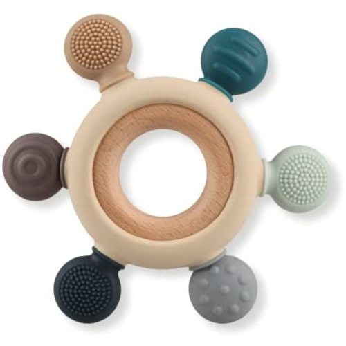 Baby Teething Toys, Silicone Chewable Rings with Organic Wooden, Natural Wooden Ring & Silicone Teething Toys for Newborn, 3+ Months (6 Directions, Gray)