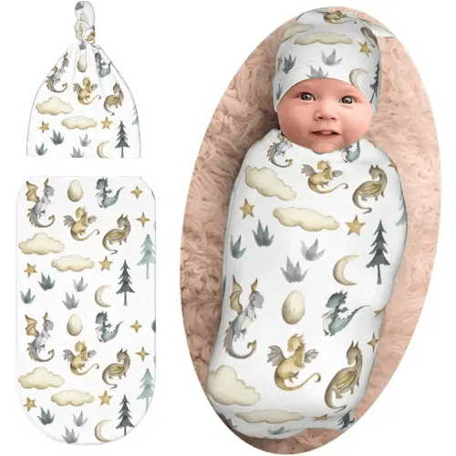Cute Dragon Print Swaddle Blanket with Beanie Set, Cloud Moon Star Dragons Egg Swaddle Sack Newborn Sleeping Sacks for Girls Boys
