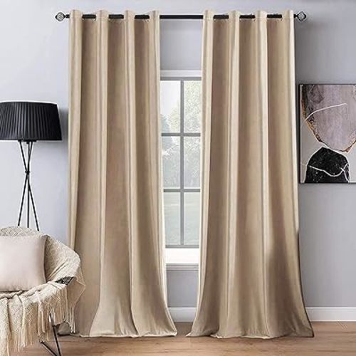 MIULEE 2 Panels Blackout Velvet Curtains Solid Soft Grommet Camel Beige Curtains Thermal Insulated Soundproof Room Darkening Drapes/Panels for Living Room Bedroom 52 x 90 Inch