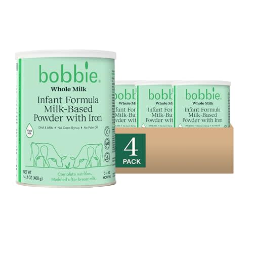 Bobbie Whole Milk, Grass Fed Infant Formula with Iron, Plant Based DHA and ARA, Vitamin D and Protein Blend Modeled After Breast Milk, For Newborn Baby to 12 Month Old, 14.1 oz, 4 Pack