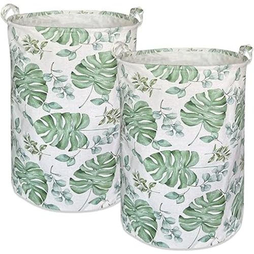 AMROSE 2 Pack Baby Laundry Hamper, 19.6'' Large Canvas Nursery Laundry Hamper Basket for Boys Girls, Nursery Storage Hamper for Laundry, Toys, Clothes, Leaf
