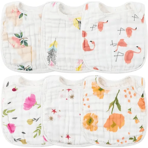 Zainpe 6Pcs Snap Muslin Cotton Bibs for Baby Flamingo Star Flower, Machine Washable Adjustable Burp Cloths with 6 Absorbent Soft Layers for Infant Newborn Toddler Drooling Feeding and Teething