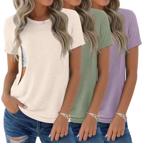 3 Pack Women's Nursing Shirts for Breastfeeding with Zippers Maternity Loose Short Sleeve Tops Pregnancy Clothes