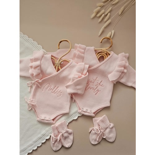 Personalised Baby Ruffle Romper, Luxury Neutral Set, Newborn Blush, Baby Announcement Bodysuit, Baby Coming Home Outfit, Knitted Hello World