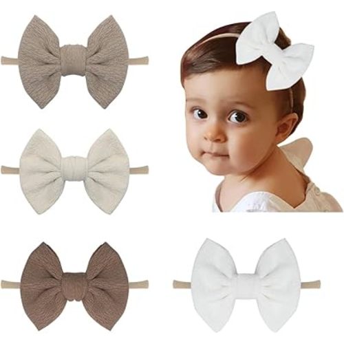 Baby Girl 5 Inch Bow Nylon Headband 4 PCS, Khaki Hair Bows Hair Band, Girl Hair Accessories for Newborn Infant Toddlers(A DL coffee NB 4pc)