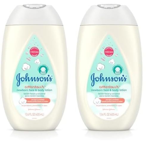 Johnson's CottonTouch Newborn Baby Face and Body Lotion, Hypoallergenic Moisturization for Baby's Skin, Made with Real Cotton, Paraben-Free, Dye-Free, 13.6 fl. oz (Pack of 2)