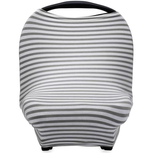 Parker Baby 4 in 1 Car Seat Cover for Girls and Boys - Stretchy Carseat Canopy, Nursing Cover, Grocery Cart Cover, High Chair Cover - Gray/White Stripes
