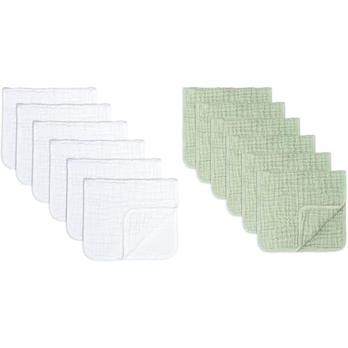Comfy Cubs Muslin Burp Cloths Large 100% Cotton Hand Washcloths for Babies, Baby Essentials 6 Layers Extra Absorbent White 6 Pack and Sage 6 Pack