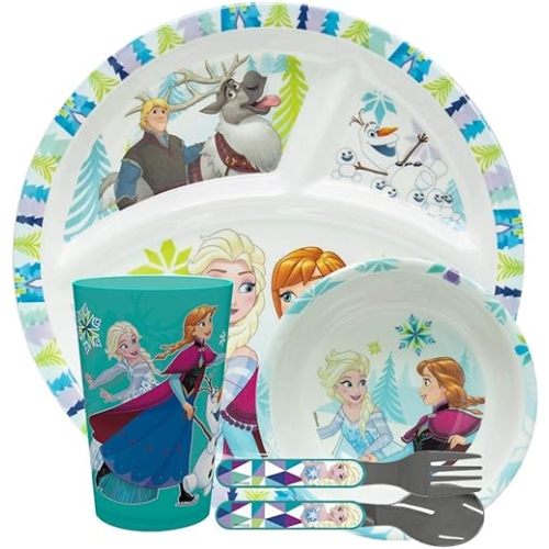 Zak Designs Disney Frozen Kids Dinnerware 5 Piece Set Includes Plate, Bowl, Tumbler and Utensil Tableware, Non-BPA Made of Durable Material and Perfect for Kids