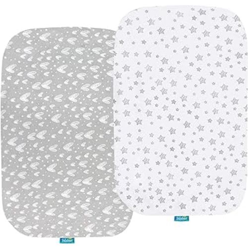 Bassinet Sheets Compatible with AirClub, GoFirst, Baby Joy and MiClassic Bassinet Bedside Sleeper, 2 Pack,100% Jersey Knit Cotton Fitted Sheets, Mild Grey Hearts and White Stars Print