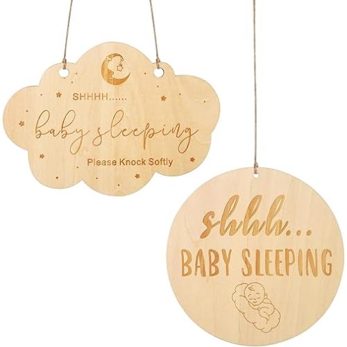 2pcs Baby Sleeping Sign, Different Shape Baby Sleeping Door Sign with Hemp Rope Wooden Do Not Ring Doorbell Sign Baby Sleeping Hanging Sign for Front Door Nursery Bedroom Baby Room