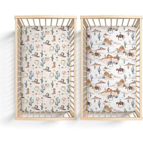 2 Pack Western Cactus Horses Hats Mountains Pattern Baby Sheets for Crib, Unisex Western Nursery Fitted Bed Sheet for Boys Girls Standard Crib and Toddler Mattress-28x52