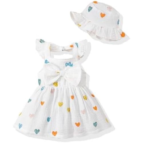 Renotemy Infant Baby Girl Dresses Toddler Girl Clothes Summer Cotton Linen Boho Smocked Sundress Gift for Girls with Hat