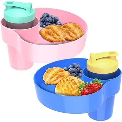 Kids Car Seat Snack Tray: Travel Trays for Kids Car Cup Holder, 2PCS Toddler Road Trip Essential, Travel Snacks Food Plate for Stroller, Boosters, and Anywhere with a Cup Holder -Blue&Pink