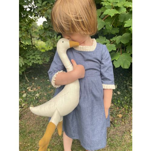 Premium Linen Heirloom Stuffed Animal Goose - Baby Shower Gift - Hand Embroidered Neutral Unisex Timeless Bird Teddy - Nursery Decor Kids