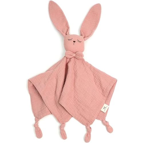 Organic Cotton Muslin Bunny Loveys for Babies Baby Security Blanket Baby Snuggle Toy Newborn Essentials Must Haves(Rabbit-Pink)