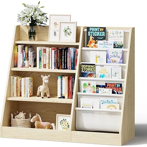 4 Tier Kids Wooden Bookshelf,Five Layer Sling Children Bookcase,Baby Storage Book Rack,Book and Toy Organizer Cabinet Chest,Book Display Shelf,Playroom Nursery Classroom Library