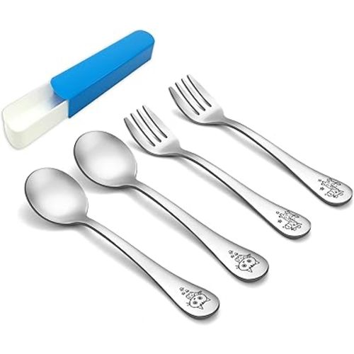 TeamFar Toddler Kids Preschoolers Utensil Flatware Silverware Set, Pure Stainless Steel, Non Toxic & Healthy, Brushed Surface, Carved Animal Handle, Set of 4, Dishwasher Safe