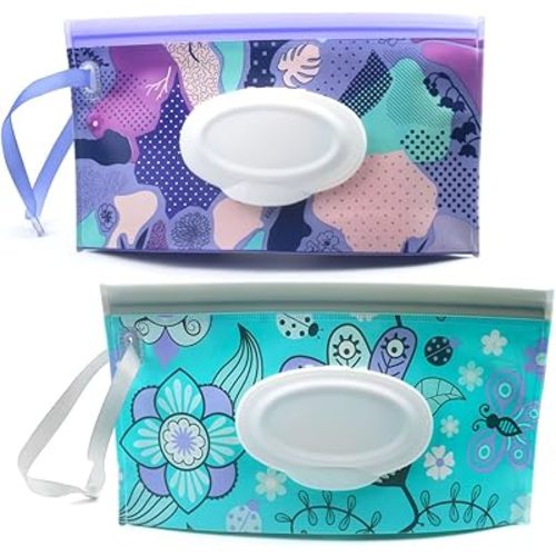 Baby Wipe Dispenser,Portable Refillable Wipe Holder Wipe Dispenser Bag Reusable Travel Wet Wipe Pouch (blue purple)
