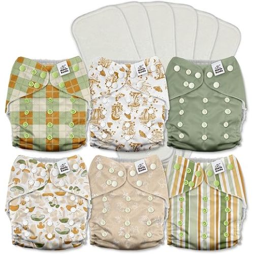 Mama Koala 3.0 Pocket Cloth Diapers for Babies with AWJ Lining, 6 Pack with 6 5-Layer Natural Cloth Diaper Inserts - Reusable and Washable Pocket Diapers(A-Mushrooms)