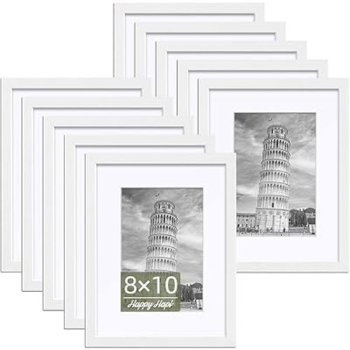 HappyHapi 8x10 Picture Frames Set of 10, 5x7 with Mat or 8x10 Without Mat, Tabletop or Wall Display for Photos, Paintings, Posters, Artwork（White）