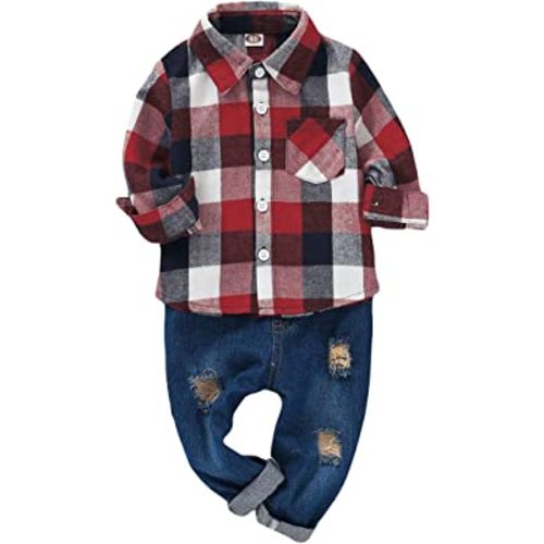 2Pcs Baby Boys Girls Toddler Kids Red Plaid Flannel Shirt Elastic Waist Ripped Holes Soft Jeans Outfit Set