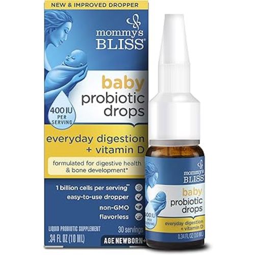 Mommy's Bliss Baby Probiotic Drops + Vitamin D, Supports Digestive Health and Immunity, 400IU Vitamin D for Healthy Bone Development, Newborns +, Flavorless, 0.34 Fl Oz (30 Servings)
