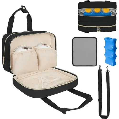 Breastmilk Cooler Travel Bag, Wearable Breast Pump Storage Bag Compatible with Momcozy/Medela/Elvie/Willow Breast Pump with Ice Pack and Waterproof Mat,Black