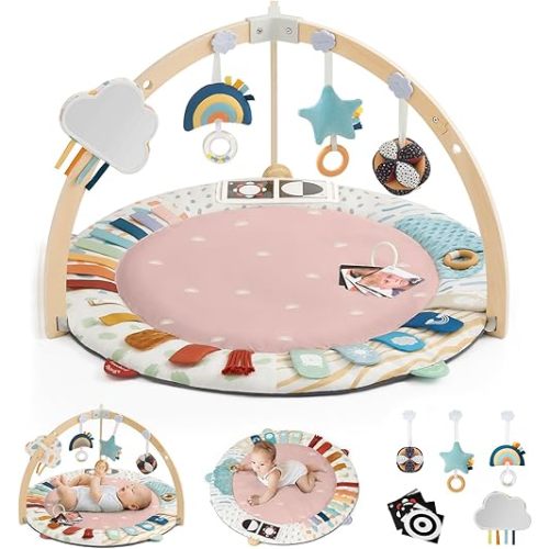 Blissful Diary Baby Play Gym & Activity Mat, 5 Developmental Zones Wooden Tummy Time Mat with 6 Detachable Sensory Toys for Motor Skills & Sensory Development, Baby Essentials Shower Gift, Pink