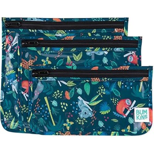 Bumkins Travel Bag, Toiletry, TSA Approved Pouch, Zip Bag, Quart Size Airline Compliant, Clear-Sided, Baby, Diaper Bag Organization, Makeup, Accessories, Packing, Set of 3 Sizes, Jungle