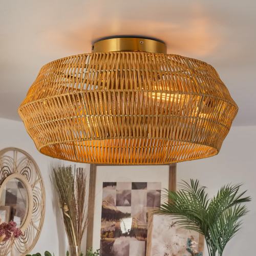 4-Light 20 in. Boho Rustic Handwoven Rattan Cage Semi-Flush Mount Ceiling Fan with Remote - 19.6 in. W x 9.8 in. H